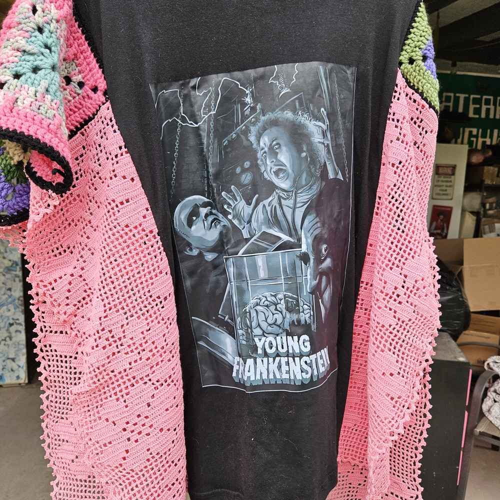 Young Frankenstein Upcycled T-Shirt With Crochet And Vintage Lace Sleeves